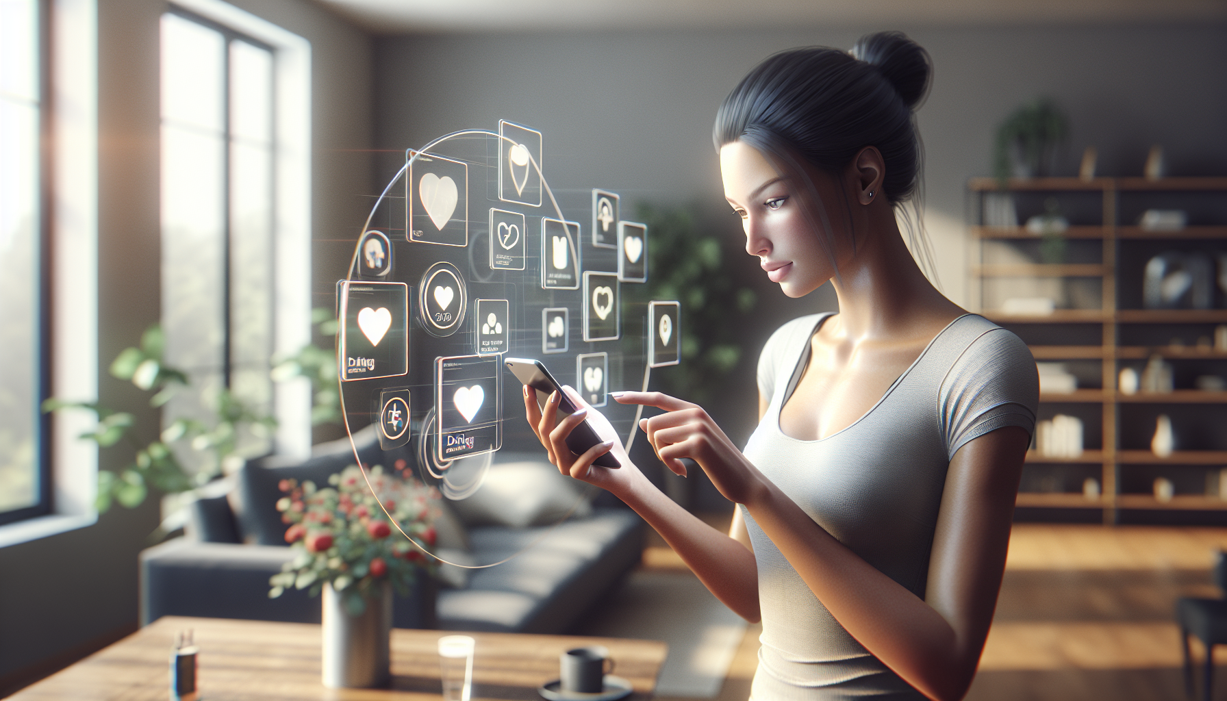 Young woman using smartphone with multiple dating apps - Tinder Bumble Hinge platform-specific pickup line strategies